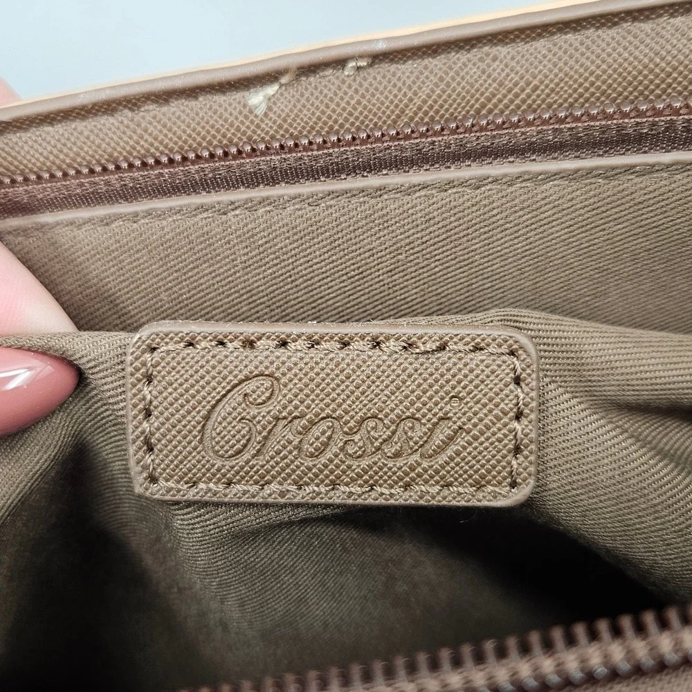 Crossi Brown Tan Geometric Lattice Satchel Double‎ Compartment Crossbody Bag